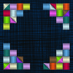 A square frame of embroidered small multi-colored squares is set against a dark blue background with light grunge stripes. Blank with copy space for social media