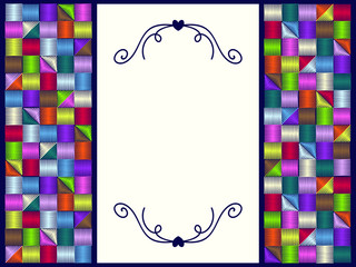 A vertical frame of embroidered small multi-colored squares is placed on a dark blue background with a light space for text. Billet with curls and heart for social media