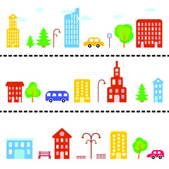Elements of the urban landscape are isolated on a white background: building, bus, car, spruce, tree, lantern, shop