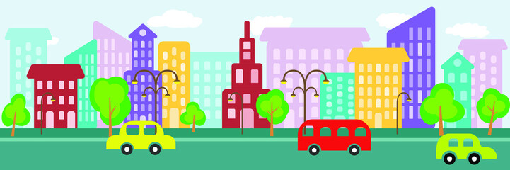 Buildings, cars, trees, a road on a city street. Primitive flat illustration