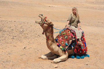 eine blonde Frau sitzt auf einem Kamel in der Wüste