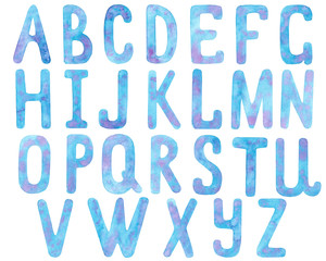 Watercolor hand drawn alphabet, blue and pink sketch font, letters, isolated on white background