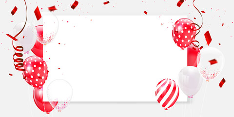 Red white balloons, confetti concept design template holiday Happy valentines Day, background Celebration Vector illustration.