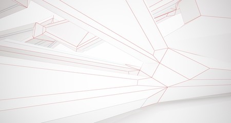 Abstract architectural white interior of a minimalist house with large windows. Drawing. 3D illustration and rendering.