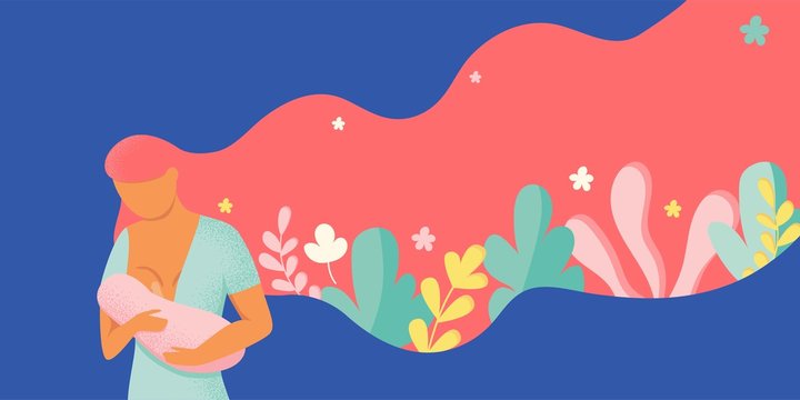 Young woman breastfeeding her newborn baby holding and nursing him in hands. Lactation concept. Breast feeding week banner, happy mother day clip art. Child drinks milk from the female breast