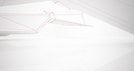 Abstract architectural white interior of a minimalist house with large windows. Drawing. 3D illustration and rendering.