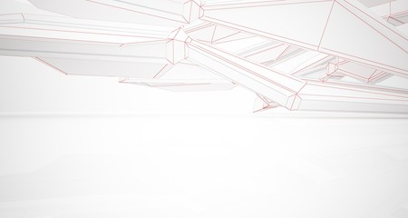 Abstract architectural white interior of a minimalist house with large windows. Drawing. 3D illustration and rendering.