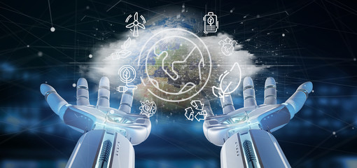 Cyborg hand holding a World globe surronding by ecology icons and connection 3d rendering