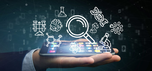 Businessman holding a cloud of science icon