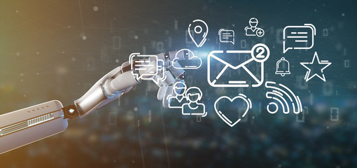 Cyborg holding a cloud of social media network icon