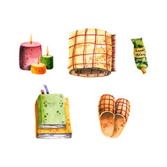 Watercolor set of candles, plaid, slippers, books, hand cream. Illustration isolated on white. Hand drawn composition perfect for postcards, vintage design, poster, stickers, highlight story icon