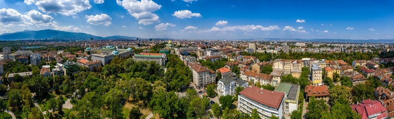 Fototapeta na wymiar Amazing aerial panorama from a drone of city Sofia, Bulgaria