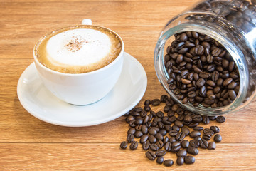 hot Cappuccino And fresh coffee beans