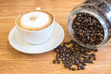 hot Cappuccino And fresh coffee beans