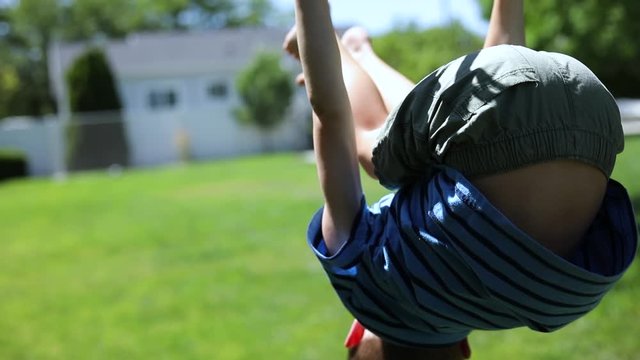 Slow Motion shot of a young boy playing on the monkey bars on a playground set in his backyard.