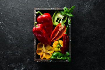 Sweet colored bell pepper. Fresh vegetables. Top view. Free space for your text.