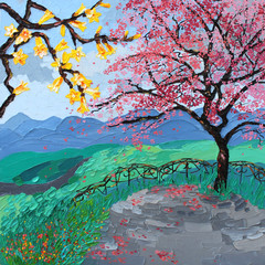 sakura blossom oil painting landscape, tree japan
