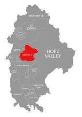 Hayfield red highlighted in map of High Peak district in East Midlands England UK