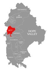 Sett red highlighted in map of High Peak district in East Midlands England UK