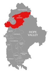 St Johns red highlighted in map of High Peak district in East Midlands England UK