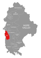 Whaley Bridge red highlighted in map of High Peak district in East Midlands England UK