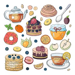 Big set of different breakfast elements on white background. Hand drawn vector morning collection - tea, coffee, cakes, berries, muesli, croissants, macaroon.