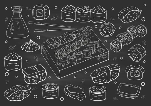 Big set of japan sushi and rolls collection on chalkboard. Vector hand drawn sushi collection, asian food on black backround.