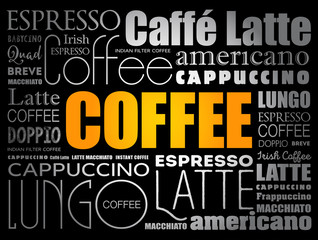 List of coffee drinks words cloud collage, poster background