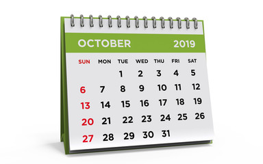 Desk calendar with a ring binder, October 2019, 3d render