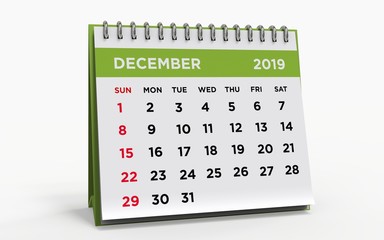 Desk calendar with a ring binder, December 2019, 3d render