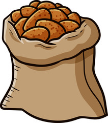 Cute and funny raw potatoes in a sacks for food supplies