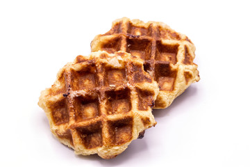 Close up Caramel waffles dessert isolate on white background.