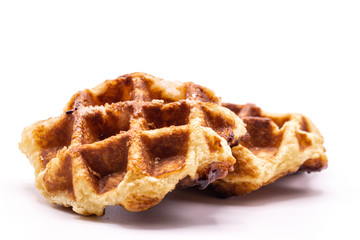 Close up Caramel waffles dessert isolate on white background.