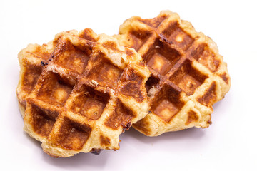 Close up Caramel waffles dessert isolate on white background.