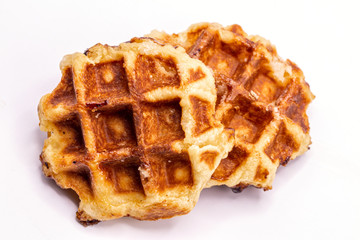 Close up Caramel waffles dessert isolate on white background.