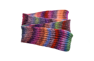Winter multi-colored woolen scarf on white background.