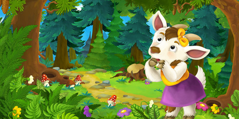 Obraz na płótnie Canvas Cartoon fairy tale scene with goat girl farmer on the meadow in the forest - illustration for children