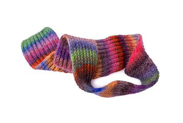 Winter multi-colored woolen scarf on white background.