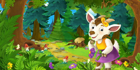 Cartoon fairy tale scene with goat girl farmer on the meadow in the forest - illustration for children