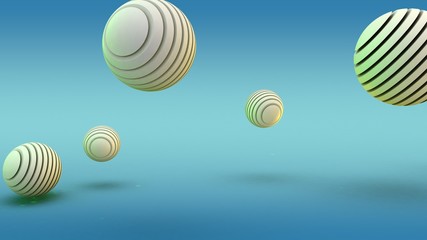 3D rendering of abstract geometric shapes in new year style on a blue background. Image of spheres consisting of disks. The scope stripe. Illustration of an abstract festive songs.