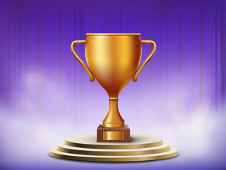 Golden winner award first place cup standing on podium