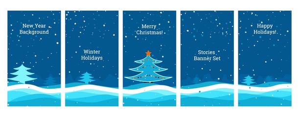 Social media banners. Set of banners for social media stories with New Year, Christmas, winter view, falling snowflakes, snow, Christmas tree, New Year scene,templates for cover, flyer, brochure.