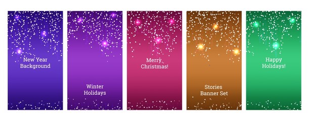 Social media banners. Set of banners for social media stories with bokeh light. Festive advertisement, party, celebration backgrounds. story templates for cover, flyer, brochure.