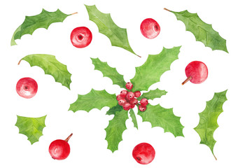 Watercolor hand drawn set with Christmas and New Year symbol holly berry isolated on white background.