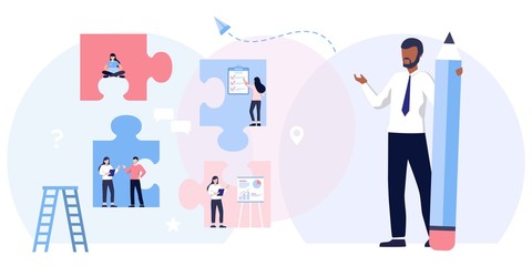 Teamwork metaphor. Business team. puzzle elements. Vector illustration flat design style. Symbol of cooperation, partnership. Ethnic business people group. Office workers talking with boss, manager.