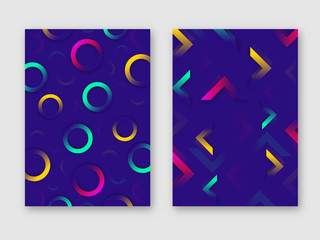 Purple abstract design template decorated with colorful geometric shape circle and triangle.