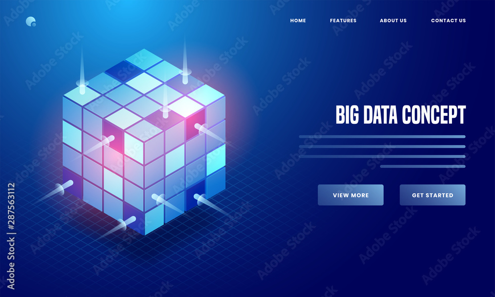 Sticker 3d illustration of shiny data cube on blue background for big data concept based web poster or landi