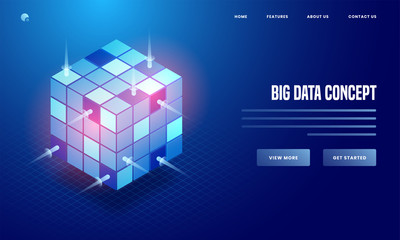 3D illustration of shiny data cube on blue background for Big Data concept based web poster or landing page design.