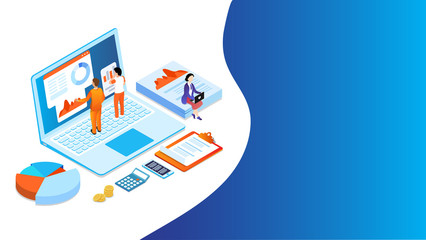 3D illustration of business analysts analysis the data on laptop and business elements for Data Analysis or Management concept based design.