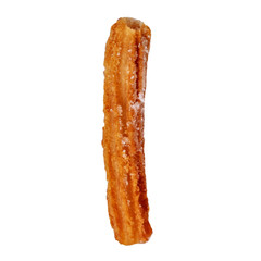 Churro stick isolated. Fried dough pastry with sugar powder on a white background.  Close up